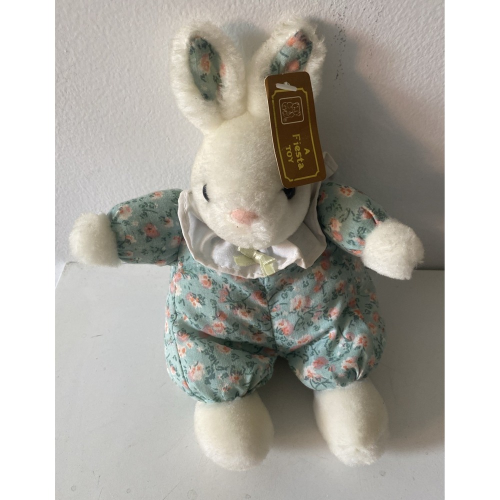 Vtg White Easter Bunny Pastel Green Floral PJs Plush Lovey Cottage Granny Core